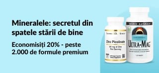 Banner promoțional cu -20% la peste 2.000 de suplimente cu minerale cu codul AUG25MIN, cu imagini ale produselor de top.