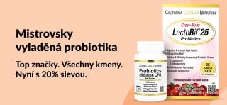 Banner s 20% slevou na nejlepší probiotika – promo na značku California Gold Nutrition a jejich produktovou řadu LactoBif.