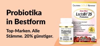 Banner, das -20% auf die besten probiotischen Ergänzungsmittel mit der Produktreihe LactoBif von California Gold Nutrition bewirbt.