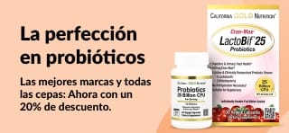 Banner con una promoción del 20% de descuento en los mejores probióticos, destacando LactoBif de California Gold Nutrition.