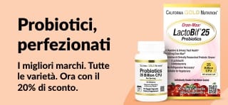 Banner che promuove uno sconto del 20% sui migliori integratori probiotici, con la gamma di prodotti LactoBif di California Gold Nutrition.