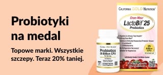 Baner promujący 20% zniżki na najlepsze suplementy probiotyczne, z prezentacją gamy produktów LactoBif od California Gold Nutrition.