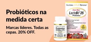 Banner promovendo 20% OFF nos melhores suplementos probióticos, apresentando a linha de produtos LactoBif da California Gold Nutrition.