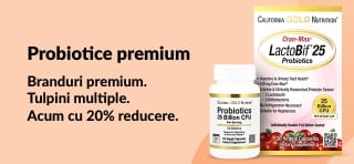 Banner ce promovează -20% la suplimente probiotice de top, prezentând gama California Gold Nutrition LactoBif.
