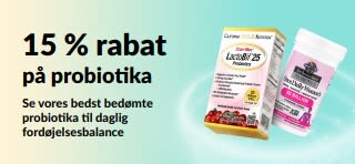 Reklamebanner med 15 % rabat på probiotika og kosttilskud til fordøjelsessystemet.