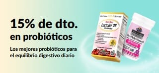 Banner que ofrece un 15 % de descuento en probióticos y suplementos para la salud digestiva.
