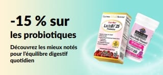 Bannière promotionnelle avec -15 % sur les probiotiques et les compléments pour la santé digestive.