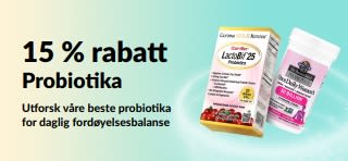 Kampanjebanner som tilbyr 15 % rabatt på probiotika og kosttilskudd for fordøyelsen.