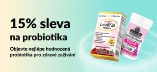 Propagační banner nabízející 15% slevu na probiotika s doplňky stravy pro zdravé zažívání.