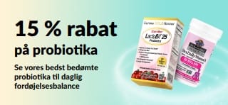 Reklamebanner med 15 % rabat på probiotika og kosttilskud til fordøjelsessystemet.