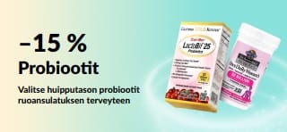 Mainosbanneri, joka tarjoaa –15 % probiooteista. Kuvassa ravintolisiä ruoansulatukseen.