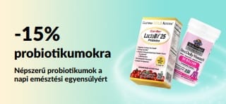 Emésztéstámogató probiotikumokra 15% kedvezményt kínáló promóciós banner.