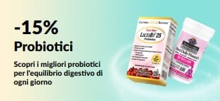 Banner promozionale che offre il 15% di sconto sui probiotici e sugli integratori per la salute digestiva. 