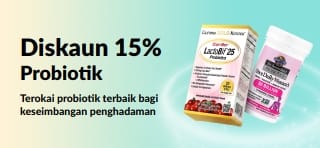 Sepanduk promosi menawarkan diskaun 15% probiotik dengan suplemen kesihatan penghadaman.