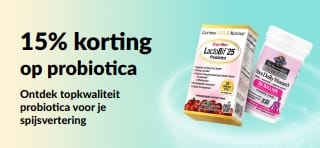 Promotiebanner met 15% korting op probiotica in combinatie met supplementen voor de spijsvertering.