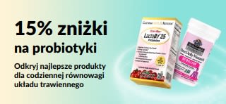 Baner promocyjny oferujący 15% zniżki na probiotyki oraz suplementy wspierające układ trawienny.