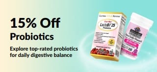 Promotional banner offering 15% off probiotics with digestive health supplements.