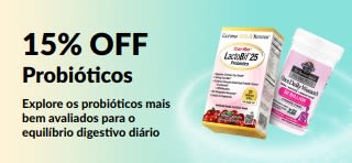 Banner oferecendo 15% OFF em suplementos probióticos para saúde digestiva.