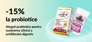 Banner promoțional cu 15% reducere la probiotice, cu suplimente pentru sănătatea digestivă.
