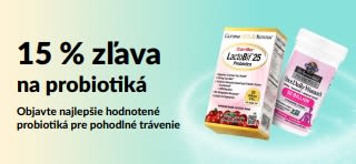 Propagačný baner ponúkajúci 15 % zľavu na probiotiká, zobrazujúci výživové doplnky na trávenie.