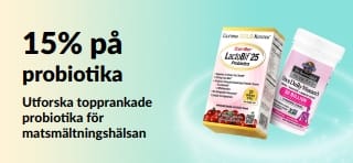 Reklambanner som marknadsför 15% på probiotika med kosttillskott för matsmältningen. 