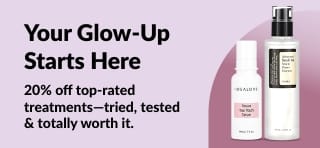 Banner with skincare products offering 20% off top-rated treatments for a glow-up, featuring serums and essences.