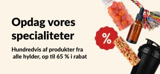 iHerb-tilbudsbanner, der viser kosttilskud, snacks, shakerflasker og legetøj til kæledyr med op til 65 % rabat.