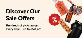 iHerb sale offers banner showing supplements, snacks, shaker bottle and pet toy with up to 65% off deals.