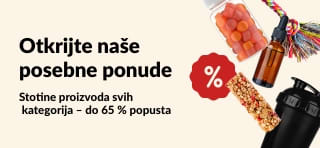 iHerb banner s posebnim ponudama koji prikazuje dodatke prehrani, grickalice, bočice za miješanje i igračke za kućne ljubimce s popustom do 65 %.