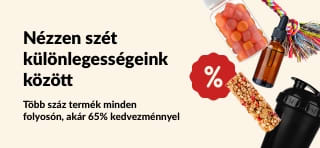iHerb különlegességeket hirdető banner, amelyen étrend-kiegészítők, snackek, rázópalackok és kisállatjátékok láthatók akár 65%-os kedvezménnyel.