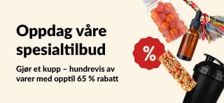 Banner for iHerb-spesialtilbud som viser kosttilskudd, snacks, shakerflaske og leketøy til kjæledyr med opptil 65 % rabatt.