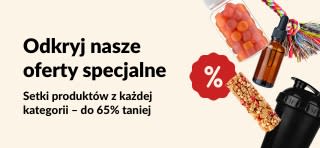 Baner iHerb z suplementami, przekąskami, shakerem i zabawką dla zwierząt – zniżki do 65%.