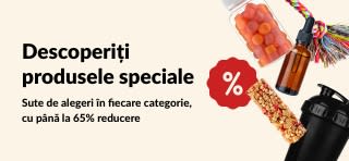 Banner cu produse speciale iHerb cu suplimente, gustări, shakere și jucării pentru animale cu până la 65% reducere.