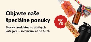 Banner so špeciálnymi ponukami iHerb zobrazujúci doplnky výživy, snacky, šejker a hračky pre domáce zvieratá so zľavami až 65 %.