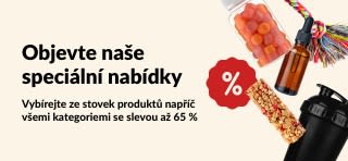 Banner iHerb pro speciální nabídky zobrazující doplňky stravy, pochutiny, šejkr a hračku pro psa se slevou až 65 %.