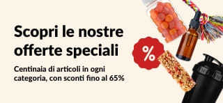 Banner delle offerte speciali iHerb che mostra integratori, snack, shaker e giocattoli per animali domestici con sconti fino al 65%.