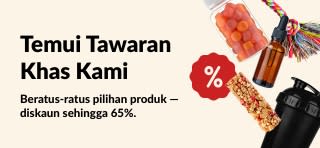 Sepanduk istimewa iHerb yang menunjukkan suplemen, makanan ringan, botol shaker dan mainan haiwan peliharaan dengan tawaran diskaun sehingga 65%.
