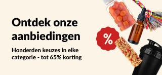 iHerb-specialsbanner met supplementen, snacks, shakerfles en huisdierenspeeltjes met kortingen tot wel 65%.
