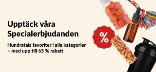 iHerb-Specialerbjudandenbanner som visar kosttillskott, snacks, shakerflaska och hundleksak med upp till 65 % rabatt.