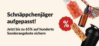 Banner mit Sonderangeboten bei, u.a. Nahrungsergänzungsmittel, Snacks, Shaker und Spielzeug für Haustiere mit bis zu 65% Rabatt