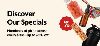 iHerb specials banner showing supplements, snacks, shaker bottle, and pet toy with up to 65% off deals.