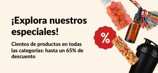 Banner de ofertas de iHerb con suplementos, snacks, botella mezcladora y juguete para mascotas con descuentos de hasta un 65%.