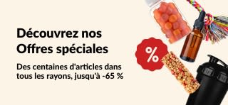 Bannière promotionnelle iHerb présentant des compléments alimentaires, des en-cas, des shakers et des jouets pour animaux de compagnie avec des réductions allant jusqu'à 65 %.