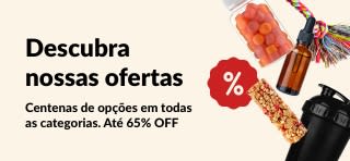 Banner de ofertas da iHerb mostrando suplementos, lanches, squeeze e brinquedo para pet, com descontos de até 65%.