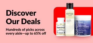 iHerb Discover Our Deals banner promoting up to 65% off across categories, featuring supplement and wellness products.