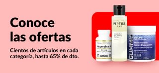 Banner de iHerb Conoce las ofertas, hasta 65% de descuento en cada categoría, muestra suplementos y productos de bienestar.