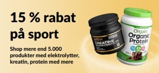 Reklamebanner med 15 % rabat på sportsernæringsprodukter, herunder protein, kreatin og kosttilskud til før-træning