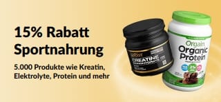 Werbe-Banner mit 15 % Rabatt auf Sportnahrung, wie Proteine, Kreatin und Pre-Workout-Präparate.