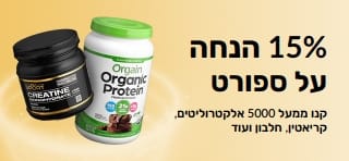 באנר פרסומי המציע 15% הנחה על מוצרי תזונת ספורט, כולל חלבונים, קריאטין ותוספי קדם-אימון.