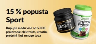 Reklamni natpis koji promovira 15 % popusta na proizvode sportske prehrane, s prikazom proteina, kreatina i dodataka prehrani prije treninga.